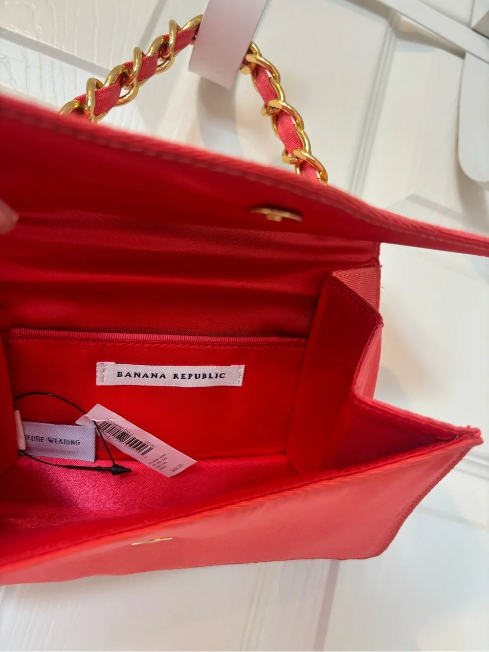 Banana Republic Coral Satin Shoulder Bag with Gold Chain and Jewel Accents
